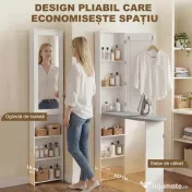 HOMCOM Dulap cu Masă de Călcat Pliabilă Economisitor de Spațiu cu Oglindă, Dulap Multifuncțional cu 6 Compartimente, 2 Cârlige, pentru Spălătorie Baie, 107x35x174 cm, Alb | Aosom Romania 