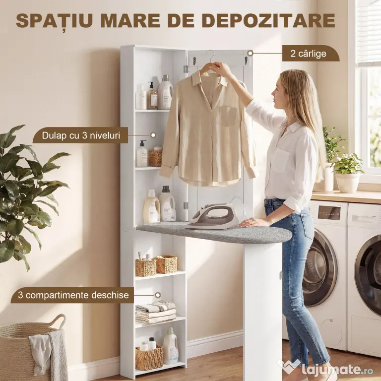 HOMCOM Dulap cu Masă de Călcat Pliabilă Economisitor de Spațiu cu Oglindă, Dulap Multifuncțional cu 6 Compartimente, 2 Cârlige, pentru Spălătorie Baie, 107x35x174 cm, Alb | Aosom Romania