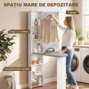 HOMCOM Dulap cu Masă de Călcat Pliabilă Economisitor de Spațiu cu Oglindă, Dulap Multifuncțional cu 6 Compartimente, 2 Cârlige, pentru Spălătorie Baie, 107x35x174 cm, Alb | Aosom Romania 