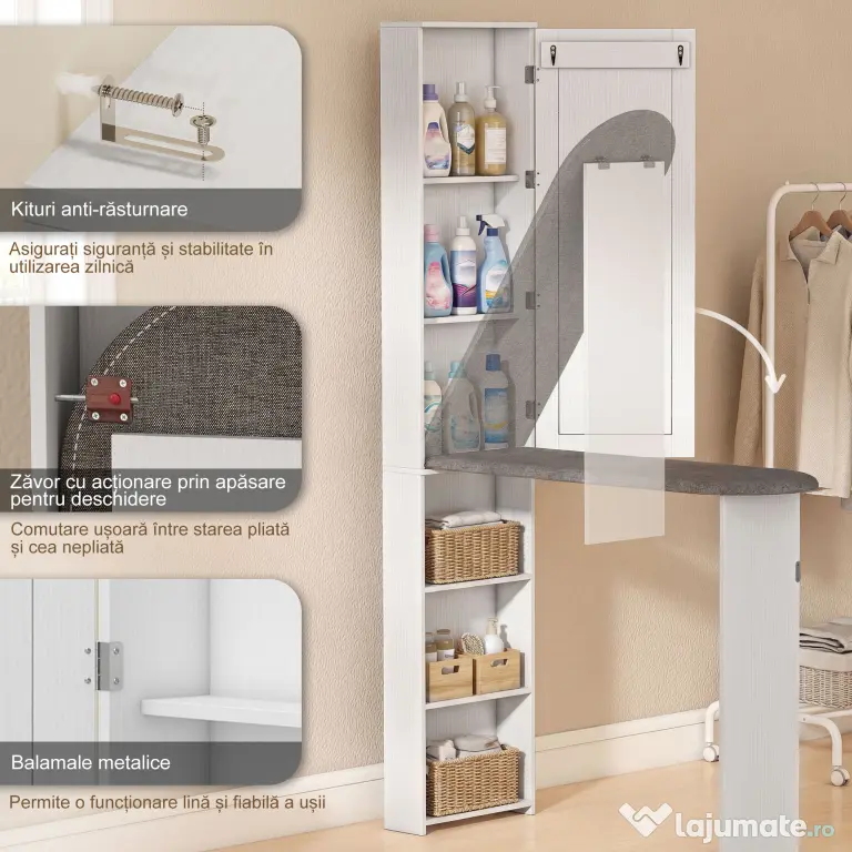 HOMCOM Dulap cu Masă de Călcat Pliabilă Economisitor de Spațiu cu Oglindă, Dulap Multifuncțional cu 6 Compartimente, 2 Cârlige, pentru Spălătorie Baie, 107x35x174 cm, Alb | Aosom Romania