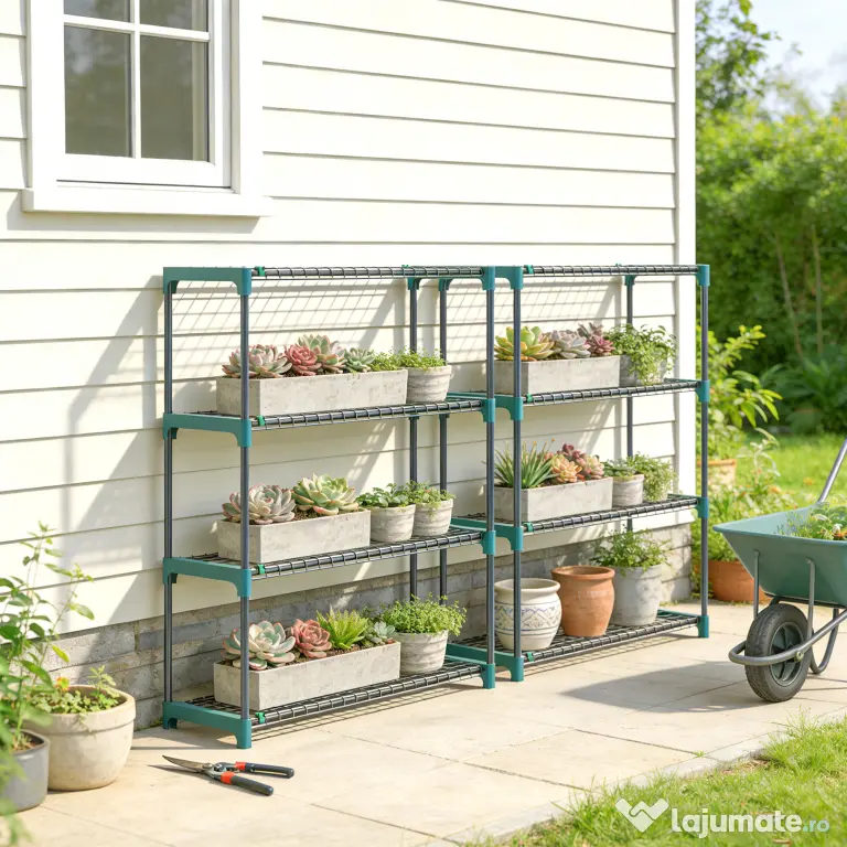 Outsunny Raft pentru Plante pe 4 Niveluri, Set de 2 Suporturi pentru Plante, din Oțel cu Catarame pentru Montaj Ușor, Expunere Ghivece Grădină și Balcon, 90x28x104 cm | Aosom Romania