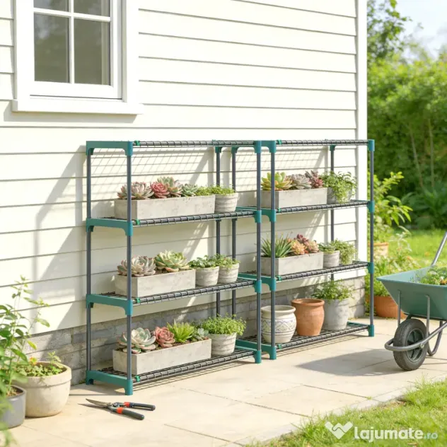 Outsunny Raft pentru Plante pe 4 Niveluri, Set de 2 Suporturi pentru Plante, din Oțel cu Catarame pentru Montaj Ușor, Expunere Ghivece Grădină și Balcon, 90x28x104 cm | Aosom Romania