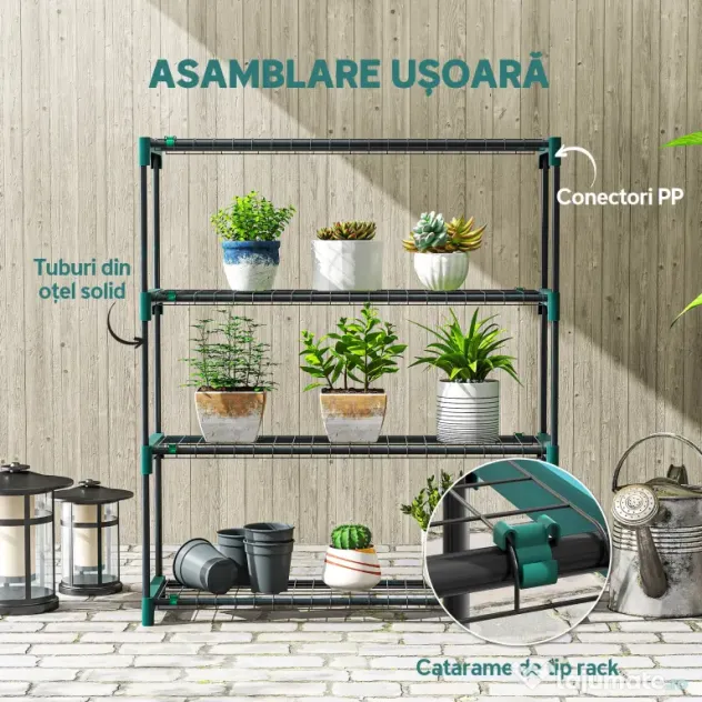 Outsunny Raft pentru Plante pe 4 Niveluri, Set de 2 Suporturi pentru Plante, din Oțel cu Catarame pentru Montaj Ușor, Expunere Ghivece Grădină și Balcon, 90x28x104 cm | Aosom Romania