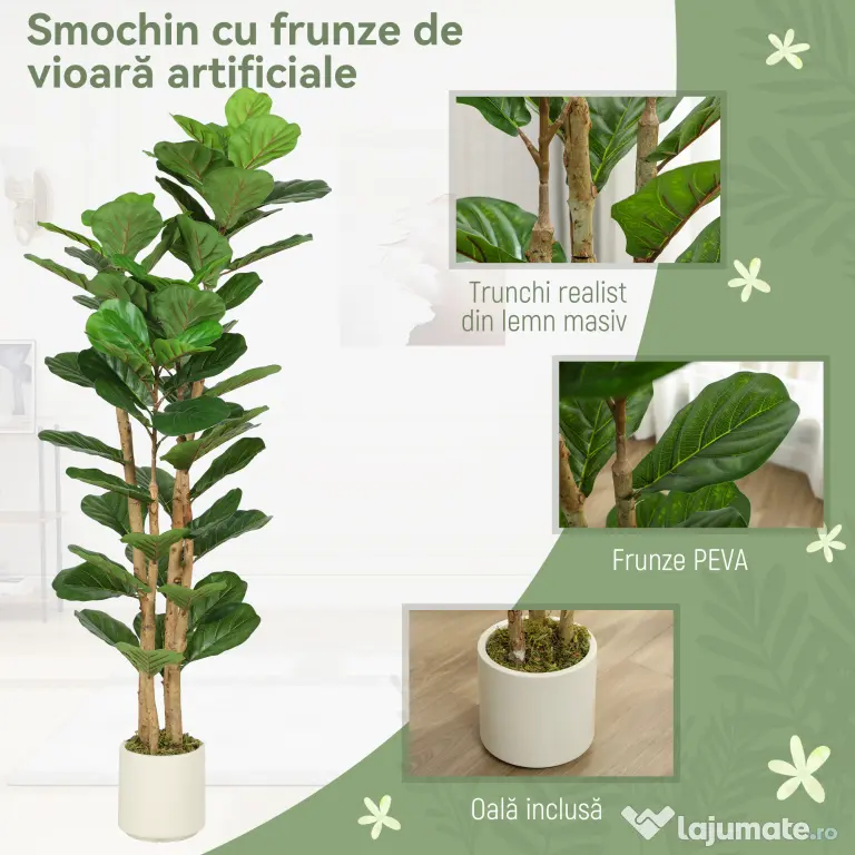 HOMCOM Plantă Artificială Ficus Lyrata 150 cm - Verde | Aosom Romania