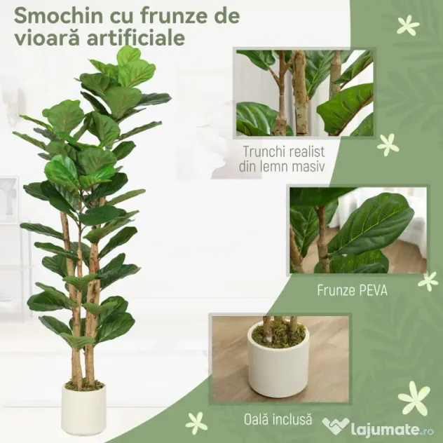 HOMCOM Plantă Artificială Ficus Lyrata 150 cm - Verde | Aosom Romania
