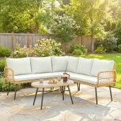 Outsunny Set Mobilier Grădină din Ratan, 4 Piese în Formă de L, cu 2 Canapele, Colțar, Măsuță de Cafea și Perne, Cadru din Oțel, pentru Balcon sau Terasă, Natural/Crem | Aosom Romania 
