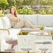 Outsunny Set Mobilier Grădină din Ratan, 4 Piese în Formă de L, cu 2 Canapele, Colțar, Măsuță de Cafea și Perne, Cadru din Oțel, pentru Balcon sau Terasă, Natural/Crem | Aosom Romania 