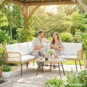 Outsunny Set Mobilier Grădină din Ratan, 4 Piese în Formă de L, cu 2 Canapele, Colțar, Măsuță de Cafea și Perne, Cadru din Oțel, pentru Balcon sau Terasă, Natural/Crem | Aosom Romania 