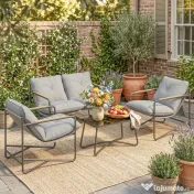 Set de Grădină Outsunny cu Canapea, 2 Fotolii și Măsuță cu Blat din Sticlă, Mobilier de Exterior cu Perne Groase, Gri Deschis | Aosom Romania