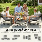 Set de Grădină Outsunny cu Canapea, 2 Fotolii și Măsuță cu Blat din Sticlă, Mobilier de Exterior cu Perne Groase, Gri Deschis | Aosom Romania