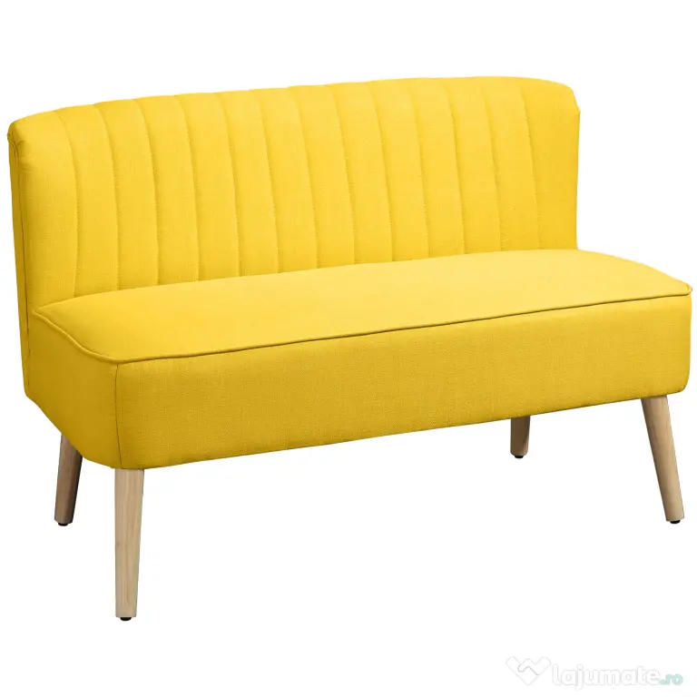 HOMCOM Canapea cu 2 Locuri din Țesătură, Fără Brațe, Canapea de Sufragerie cu Picioare din Lemn, 117x56,5x77 cm, Galben | Aosom Romania