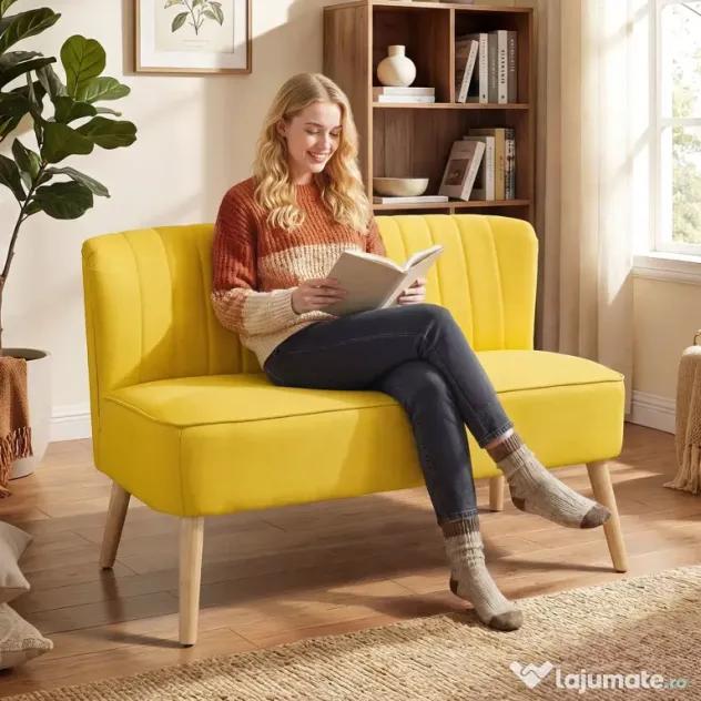 HOMCOM Canapea cu 2 Locuri din Țesătură, Fără Brațe, Canapea de Sufragerie cu Picioare din Lemn, 117x56,5x77 cm, Galben | Aosom Romania