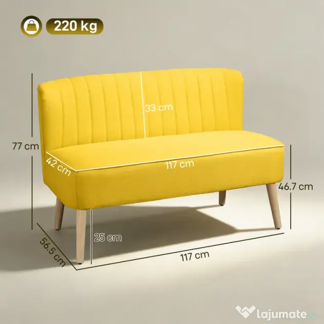 HOMCOM Canapea cu 2 Locuri din Țesătură, Fără Brațe, Canapea de Sufragerie cu Picioare din Lemn, 117x56,5x77 cm, Galben | Aosom Romania