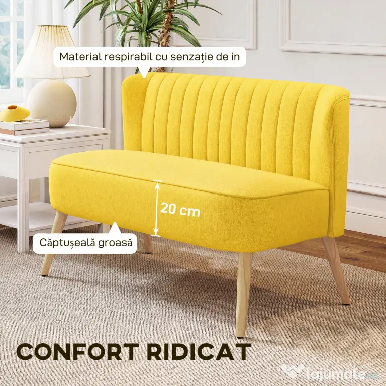 HOMCOM Canapea cu 2 Locuri din Țesătură, Fără Brațe, Canapea de Sufragerie cu Picioare din Lemn, 117x56,5x77 cm, Galben | Aosom Romania