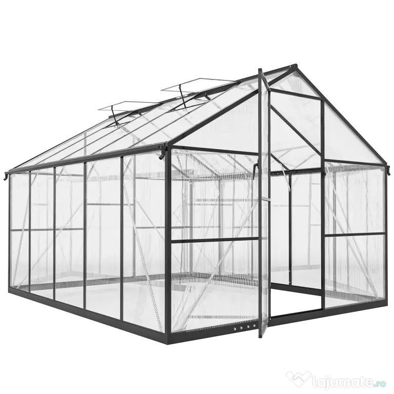 Seră de grădină Outsunny din aluminiu și policarbonat, 7,5㎡, cu ușă cu balamale, 2 ferestre reglabile, sistem de drenaj, anti-UV, 304x247x205cm, negru | Aosom Romania