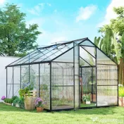 Seră de grădină Outsunny din aluminiu și policarbonat, 7,5㎡, cu ușă cu balamale, 2 ferestre reglabile, sistem de drenaj, anti-UV, 304x247x205cm, negru | Aosom Romania