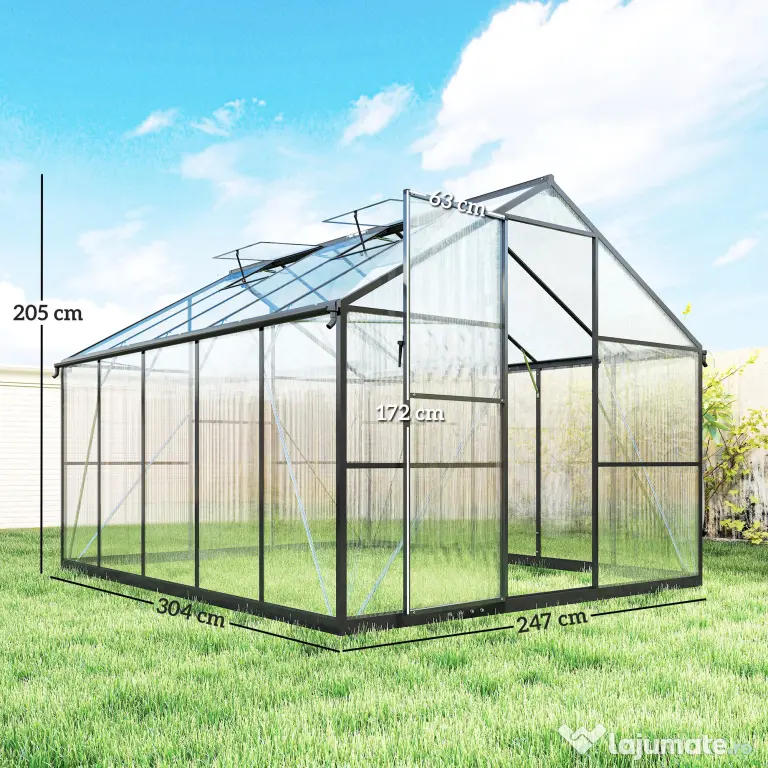 Seră de grădină Outsunny din aluminiu și policarbonat, 7,5㎡, cu ușă cu balamale, 2 ferestre reglabile, sistem de drenaj, anti-UV, 304x247x205cm, negru | Aosom Romania