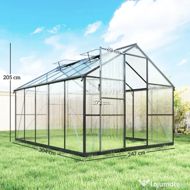 Seră de grădină Outsunny din aluminiu și policarbonat, 7,5㎡, cu ușă cu balamale, 2 ferestre reglabile, sistem de drenaj, anti-UV, 304x247x205cm, negru | Aosom Romania