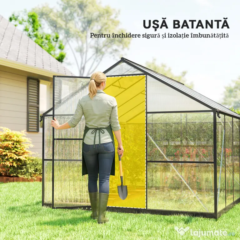 Seră de grădină Outsunny din aluminiu și policarbonat, 7,5㎡, cu ușă cu balamale, 2 ferestre reglabile, sistem de drenaj, anti-UV, 304x247x205cm, negru | Aosom Romania