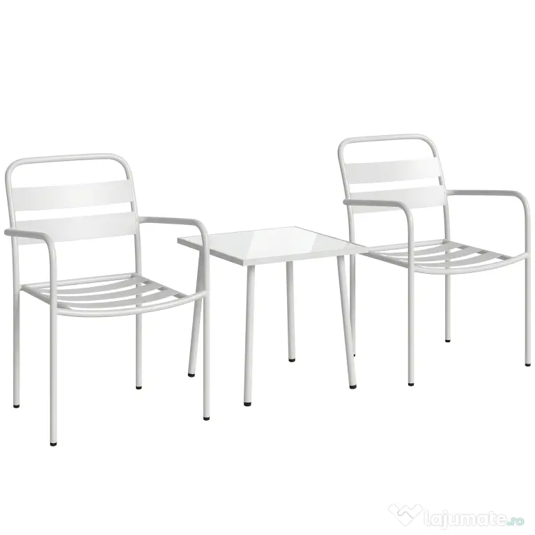 Outsunny Set Bistrò 3 Piese din Oțel Galvanizat, Set de Grădină cu 2 Scaune și Masă din Sticlă Temperată, Mobilier Exterior pentru Terasă, Balcon, Alb | Aosom Romania
