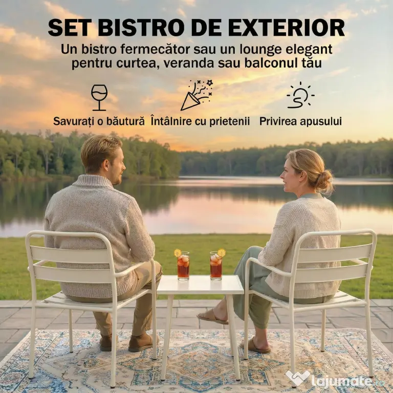 Outsunny Set Bistrò 3 Piese din Oțel Galvanizat, Set de Grădină cu 2 Scaune și Masă din Sticlă Temperată, Mobilier Exterior pentru Terasă, Balcon, Alb | Aosom Romania