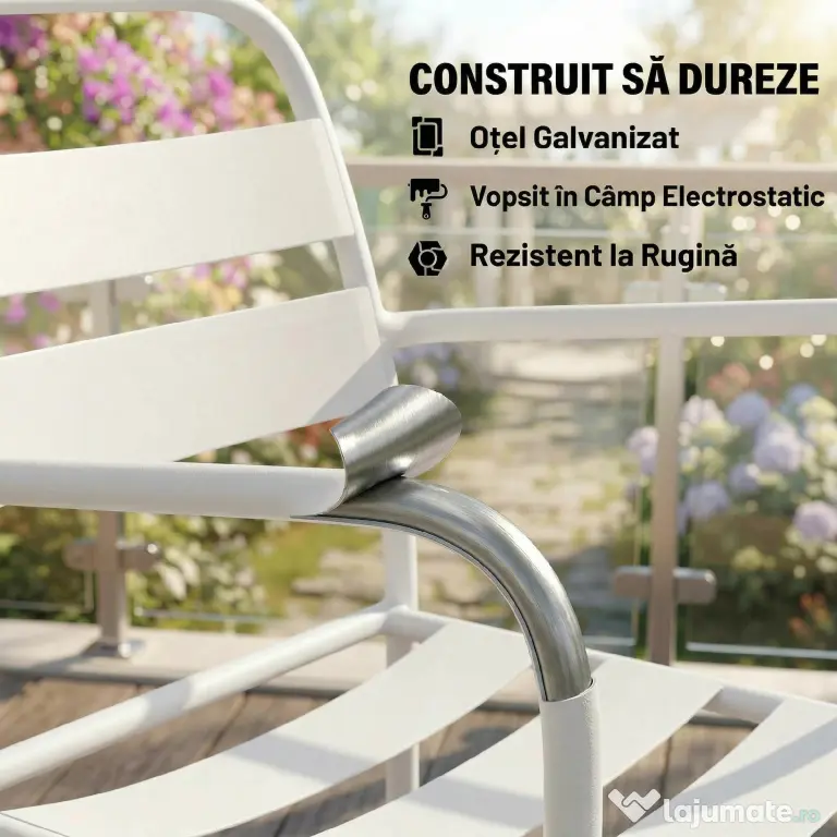 Outsunny Set Bistrò 3 Piese din Oțel Galvanizat, Set de Grădină cu 2 Scaune și Masă din Sticlă Temperată, Mobilier Exterior pentru Terasă, Balcon, Alb | Aosom Romania