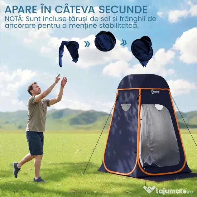 Outsunny Cort de Duș Pop-Up Impermeabil cu Acoperiș Detașabil, din Poliester 190T și Oțel, 152x152x200 cm, Albastru Închis | Aosom Romania