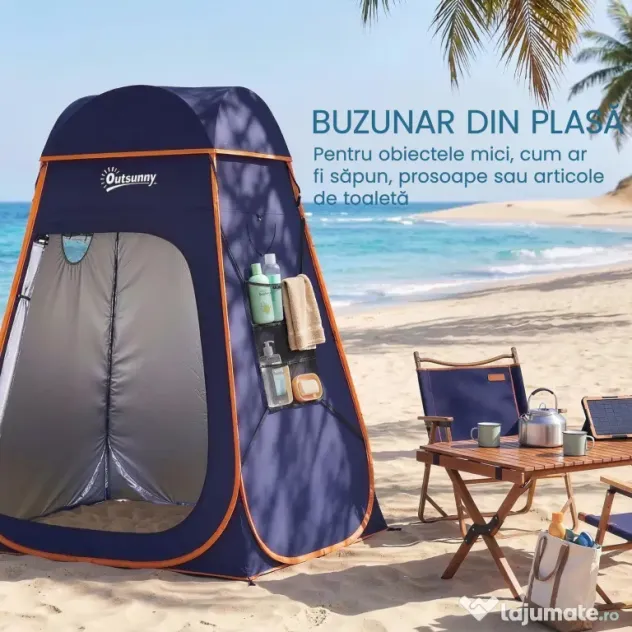 Outsunny Cort de Duș Pop-Up Impermeabil cu Acoperiș Detașabil, din Poliester 190T și Oțel, 152x152x200 cm, Albastru Închis | Aosom Romania