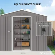 Outsunny Căsuță de grădină 2,3x1,7 m din oțel cu orificii de aerisire și uși duble glisante, efect lemn | Aosom Romania 