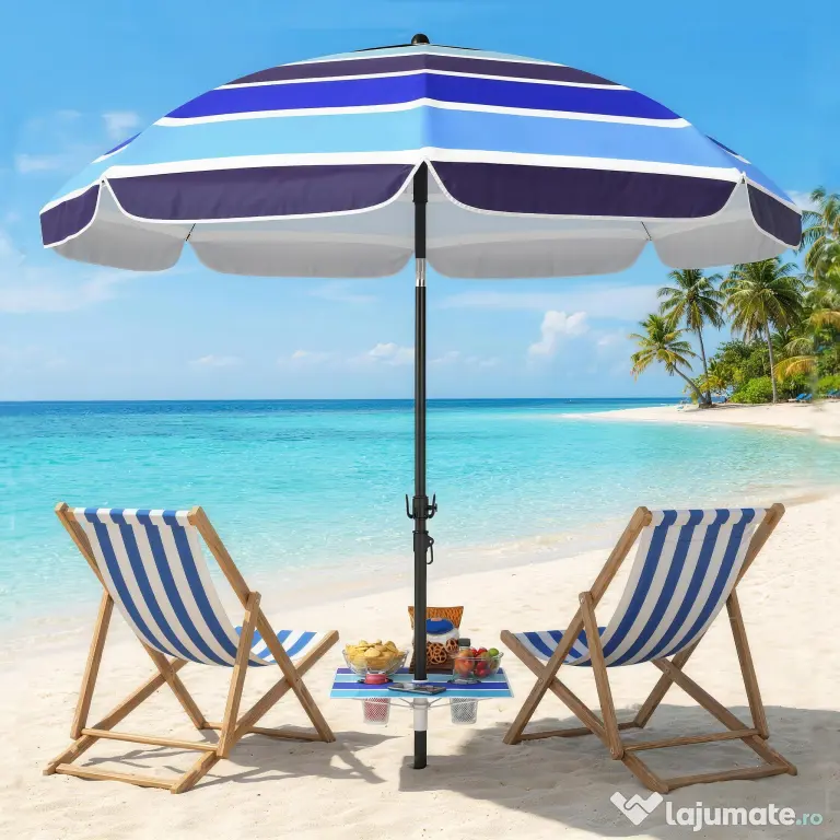 Outsunny Umbrelă de Plajă cu Măsuță și Suport pentru Pahare, din Metal și Poliester, Ø198x214 cm, Multicolor | Aosom Romania