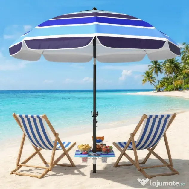 Outsunny Umbrelă de Plajă cu Măsuță și Suport pentru Pahare, din Metal și Poliester, Ø198x214 cm, Multicolor | Aosom Romania