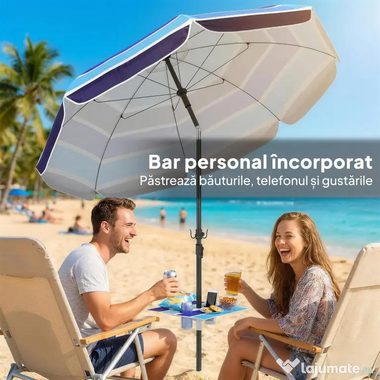 Outsunny Umbrelă de Plajă cu Măsuță și Suport pentru Pahare, din Metal și Poliester, Ø198x214 cm, Multicolor | Aosom Romania