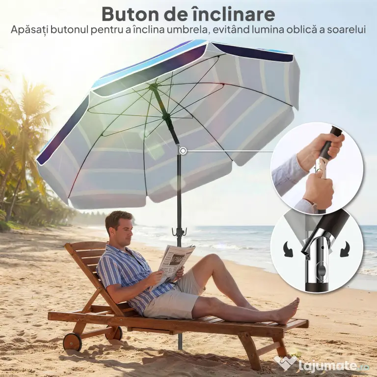 Outsunny Umbrelă de Plajă cu Măsuță și Suport pentru Pahare, din Metal și Poliester, Ø198x214 cm, Multicolor | Aosom Romania