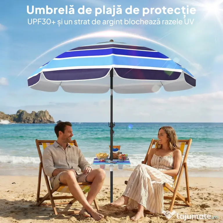 Outsunny Umbrelă de Plajă cu Măsuță și Suport pentru Pahare, din Metal și Poliester, Ø198x214 cm, Multicolor | Aosom Romania