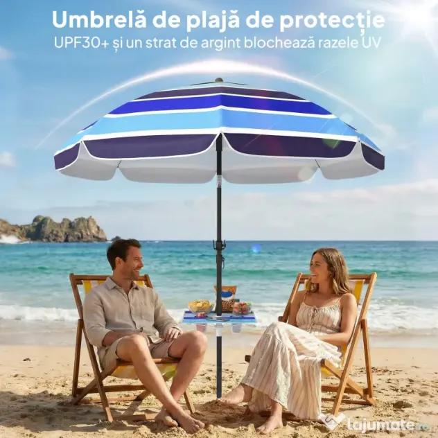Outsunny Umbrelă de Plajă cu Măsuță și Suport pentru Pahare, din Metal și Poliester, Ø198x214 cm, Multicolor | Aosom Romania
