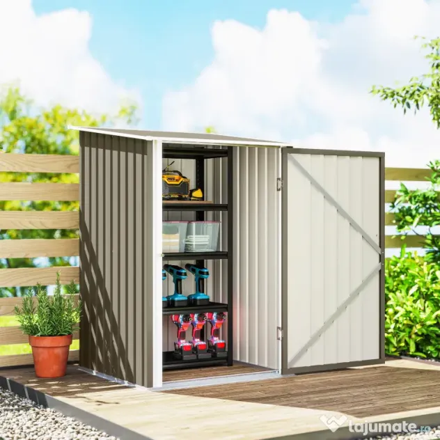 Outsunny Magazie de Grădină 0,92m² din Oțel Galvanizat, Depozit pentru Unelte cu Ușă Blocabilă, Acoperiș Înclinat, 100x104x160 cm, Maro și Alb | Aosom Romania