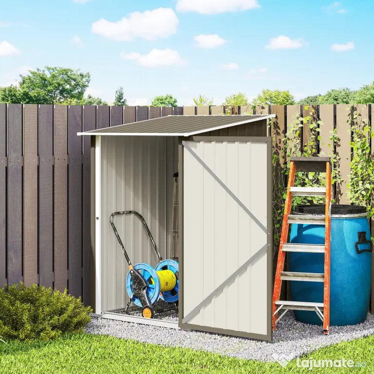 Outsunny Magazie de Grădină 0,92m² din Oțel Galvanizat, Depozit pentru Unelte cu Ușă Blocabilă, Acoperiș Înclinat, 100x104x160 cm, Maro și Alb | Aosom Romania