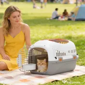 PawHut Transportor pentru Pisici și Câini Mici din Plastic, cu Fereastră Superioară, Ușă din Oțel, Bol pentru Hrană, pentru Animale max 4 kg, 49x32x31 cm, Gri | Aosom Romania 