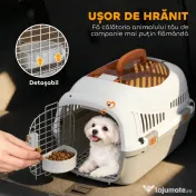 PawHut Transportor pentru Pisici și Câini Mici din Plastic, cu Fereastră Superioară, Ușă din Oțel, Bol pentru Hrană, pentru Animale max 4 kg, 49x32x31 cm, Gri | Aosom Romania 