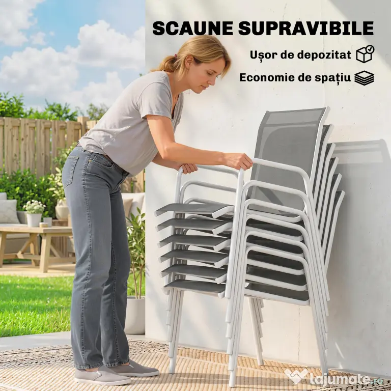 Outsunny Set de Grădină 7 Piese: Masă Dreptunghiulară și 6 Scaune Stivuibile | Aosom Romania
