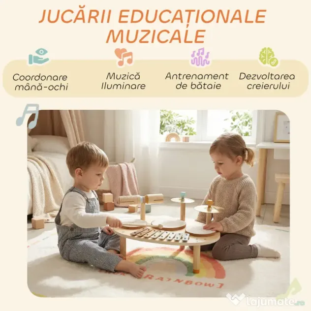 AIYAPLAY Set de Instrumente Muzicale pentru Copii de la 2+ Ani cu Tobe și Xilofon, Culoare Naturală | Aosom Romania