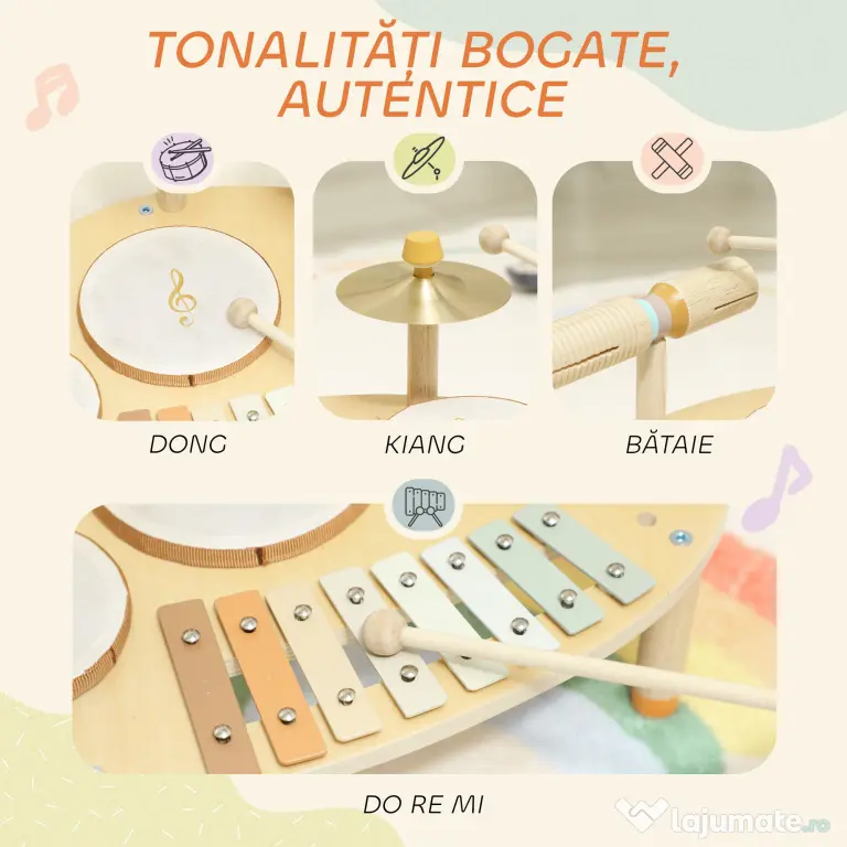 AIYAPLAY Set de Instrumente Muzicale pentru Copii de la 2+ Ani cu Tobe și Xilofon, Culoare Naturală | Aosom Romania