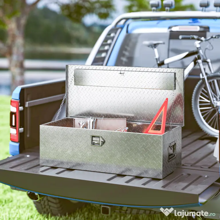HOMCOM Cutie de Scule din Aluminiu cu Lacăt și 2 Chei, Mânere Laterale, Cutie de Depozitare 43L Rezistentă, Ideală pentru Camioane, Autorulote, Remorci, 76.2x33x24.4cm, Argintiu | Aosom Romania