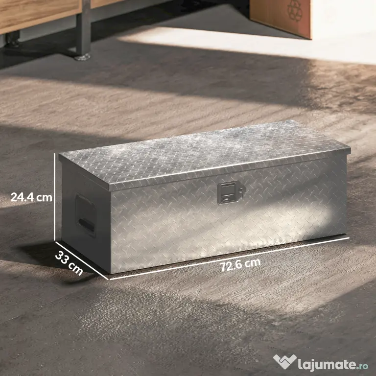 HOMCOM Cutie de Scule din Aluminiu cu Lacăt și 2 Chei, Mânere Laterale, Cutie de Depozitare 43L Rezistentă, Ideală pentru Camioane, Autorulote, Remorci, 76.2x33x24.4cm, Argintiu | Aosom Romania