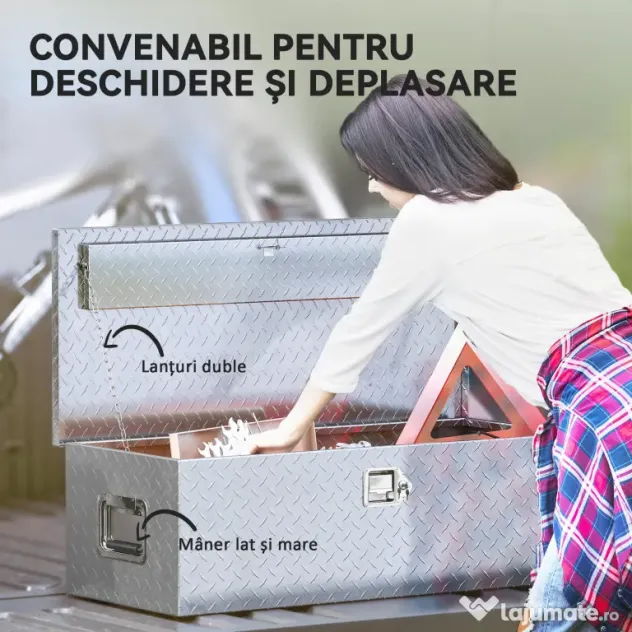 HOMCOM Cutie de Scule din Aluminiu cu Lacăt și 2 Chei, Mânere Laterale, Cutie de Depozitare 43L Rezistentă, Ideală pentru Camioane, Autorulote, Remorci, 76.2x33x24.4cm, Argintiu | Aosom Romania