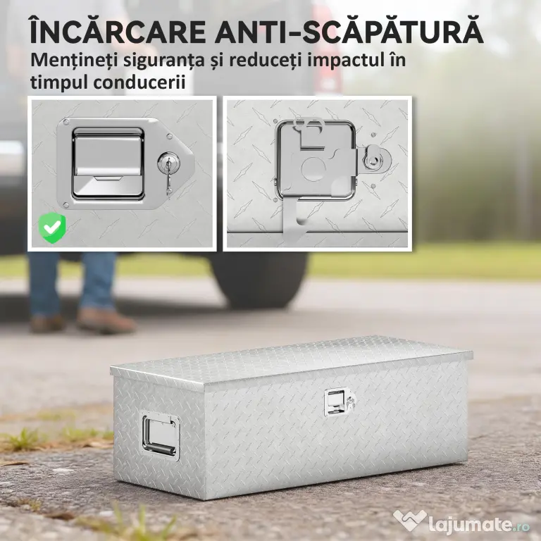 HOMCOM Cutie de Scule din Aluminiu cu Lacăt și 2 Chei, Mânere Laterale, Cutie de Depozitare 43L Rezistentă, Ideală pentru Camioane, Autorulote, Remorci, 76.2x33x24.4cm, Argintiu | Aosom Romania