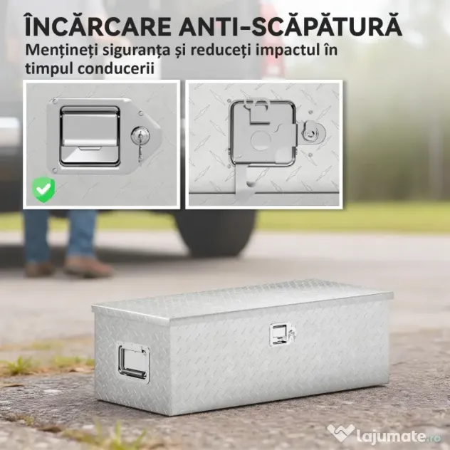 HOMCOM Cutie de Scule din Aluminiu cu Lacăt și 2 Chei, Mânere Laterale, Cutie de Depozitare 43L Rezistentă, Ideală pentru Camioane, Autorulote, Remorci, 76.2x33x24.4cm, Argintiu | Aosom Romania