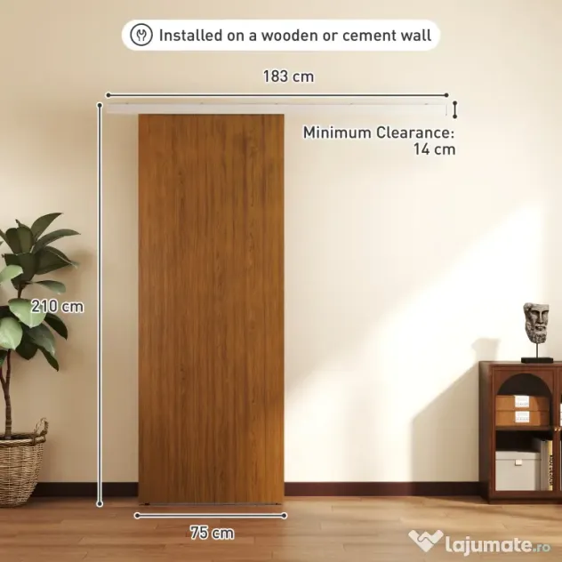 HOMCOM Ușă Culisantă de Interior 75x210 cm, Șină Silențioasă din Aliaj de Aluminiu, Kit Accesorii, Ghidaj, Ușă de Interior Stil Minimalist, din MDF, Impermeabilă, pentru Bucătărie, Baie, Birou