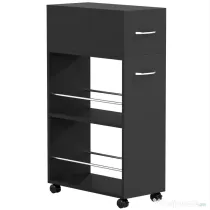 HOMCOM Cărucior de Bucătărie cu 2 Rafturi Deschise, Sertar și Balustrade, Lemn și Oțel Inoxidabil, 25x50x85 cm, Negru
