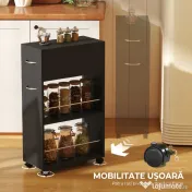 HOMCOM Cărucior de Bucătărie cu 2 Rafturi Deschise, Sertar și Balustrade Negru | Aosom Romania
